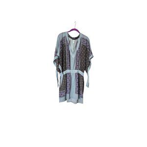 Free Peple Boho Tunic Top Belted V-Neck Geometric Print Kimono Sleeve Blue Purpl